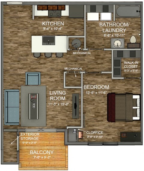 Floor plan for 1 bed, 1 bath, 687 sqft